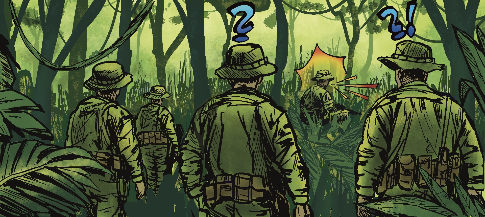 A group of marines, walk through a jungle. One person ahead is cursing, two others have question marks above their heads.